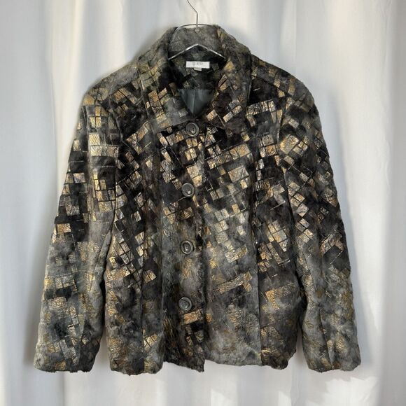 Erin London Gray Gold Foiled Fur Button Down Jacket Coat Sz 1X - Picture 1 of 8